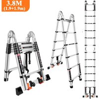 Teleskopleiter 3,8m Aluminium Leiter mit 2 Rädern (1,9m + 1,9m), Multifunktions-Klappleiter für 150 kg, Schwarz-Silber von STOEX