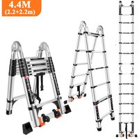 Teleskopleiter 4,4m Aluminium Leiter mit 2 Rädern (2,2m + 2,2m), Multifunktions-Klappleiter für 150 kg, Schwarz-Silber von STOEX