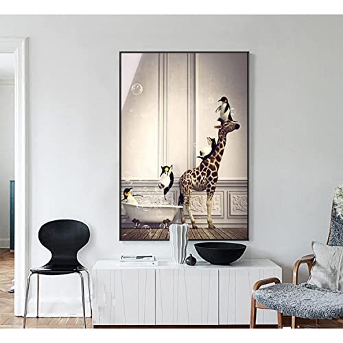 JNAOZI Bad Tier Bild Wandkunst,Lustige Badezimmer-Wandkunst Poster,Pinguine Giraffe Elefant Tier In Der Badewanne Bilder Badezimmer Deko（Ohne Rahmen (Stile 2,50x70cm*1) von JNAOZI