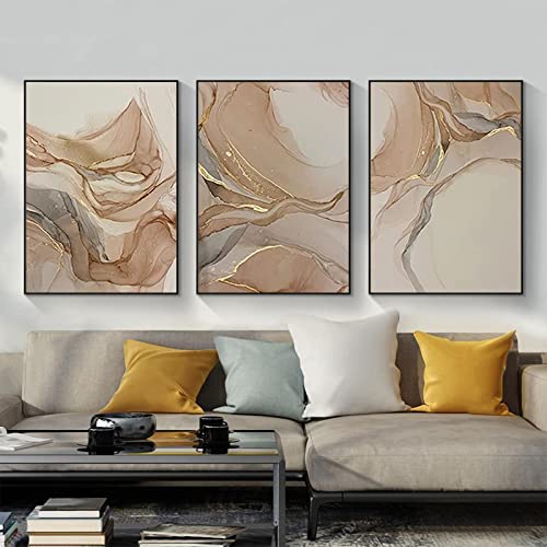 JNAOZI Leinwandbild Abstrakte Wandkunst,Beige Gold Fluid Art Mural Bild für Schlafzimmer Drucken Posterbild Kunstwerke,Ohne Rahmen (50 x 70cm*3) von JNAOZI