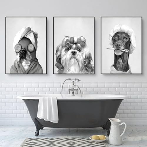 JNAOZI Lustige Hochland Kuh Poster Wandkunst in Badewanne, Badewanne Tiere Hund Löwe Poster,Leinwand Bild für Wohnzimmer Badezimmer Deko, Rahmenlos (Set-05,50x70cm*3Pcs) von JNAOZI