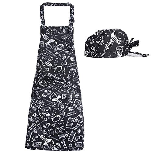 JNCH 2er Set Küchenschürze + Piratenhut Schürze Unisex mit Tasche Messer Gabel Overall Einstellbare Einheitsgröße für Männer Frauen Chef Kellnerin Restaurant Haus Cafe von JNCH
