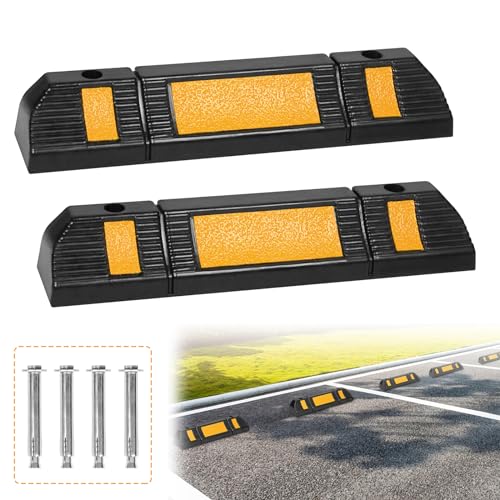 JNGLGO 2pcs Radstopper Gummi Parkplatzbegrenzung - 60x12x10cm Parkplatzsperre Gummi Parkplatzmarkierung Anfahrschutz Reflektierende Streifen für Garage Parkplätze von JNGLGO