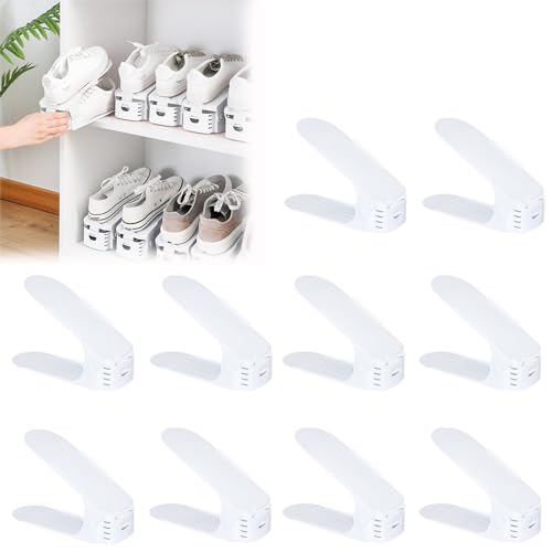 JNGLGO 30 Stück Einstellbar Schuhregale PP Weiß Schuhstapler Schuhaufbewahrung Platzsparend Doppelschicht Schuhorganizer rutschfest Schuhschrank【30 Stück - Weiß】 von JNGLGO