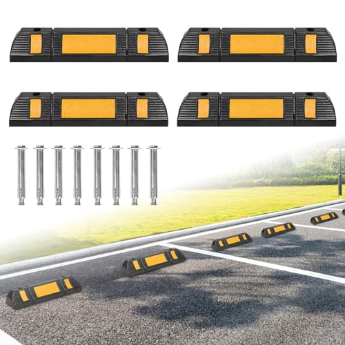 JNGLGO 4pcs Radstopper Gummi Parkplatzbegrenzung - 60x12x10cm Parkplatzsperre Gummi Parkplatzmarkierung Anfahrschutz Reflektierende Streifen für Garage Parkplätze von JNGLGO