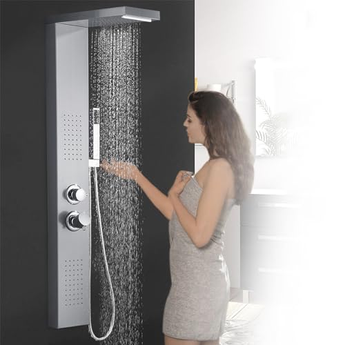 JNGLGO Duschpaneel Edelstahl Duschsystem Silber mit Thermostat Duschsäule Duschset Gebürstet Duscharmatur für Bad - Regendusche Handbrause Massagedusche Wasserfalldusche (Silber) von JNGLGO