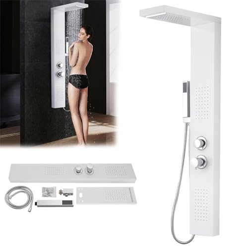 JNGLGO Duschpaneel Edelstahl Duschsystem Weiß mit Thermostat Duschsäule Duschset Gebürstet Duscharmatur für Bad - Regendusche Handbrause Massagedusche Wasserfalldusche (Weiß) von JNGLGO