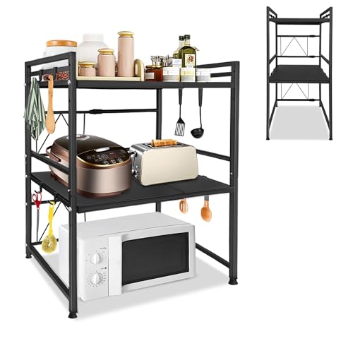 JNGLGO Erweiterbares Mikrowellen Regal 2-Stufig Mikrowellenregal Küchenregal Stehend Mikrowellenhalter mit 8 Haken Mikrowellenständer für Küche Arbeitsplatte, Erweiterbar 40-60cm, Schwarz von JNGLGO