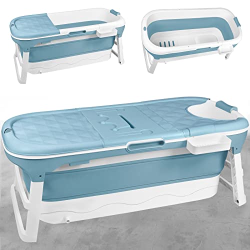 JNGLGO Faltbare Badewanne Erwachsene XXL 148 x 62 x 53 cm, Klappbare Mobile Badewanne mit Abdeckung, Kopfstütze und Massagerollen Klappbadewanne für Badezimmer von JNGLGO
