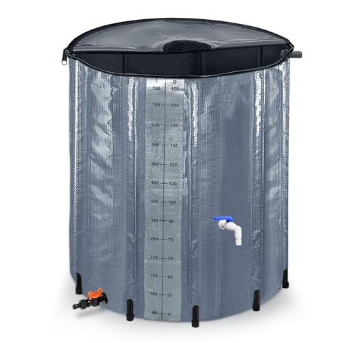 JNGLGO Faltbare Regentonne 750 Liter Regenwassertank zum Sammeln von Regenwasser, Wasserauffangbehälter Regenwassertonne PVC Regenwasserfass mit Wassereinlassgitter und Abflussventil, Anthrazit von JNGLGO