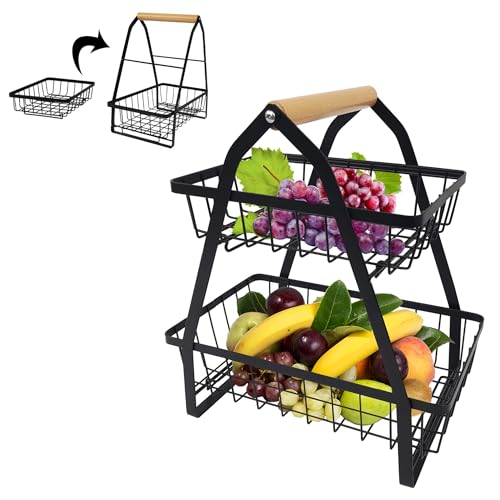 JNGLGO Obstkorb Etagere 2 Etagen Obstschale Metall Obst Etagere mit Holzgriff Etageren mit Obstschalen Organizer für Obst, Brot, Snacks, Gemüse von JNGLGO