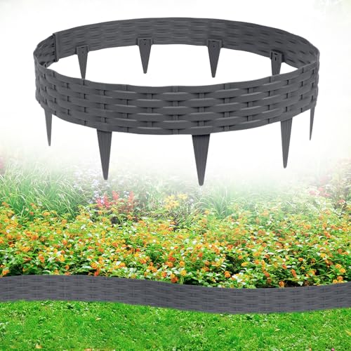 JNGLGO Rasenkante Beeteinfassung Kunststoff 10m Gartenpalisade Rattan-Optik Gartenzaun Dekorator Palisaden Beetumrandunge Rasenkantensteine Anthrazit 【10m - 10pcs】 von JNGLGO
