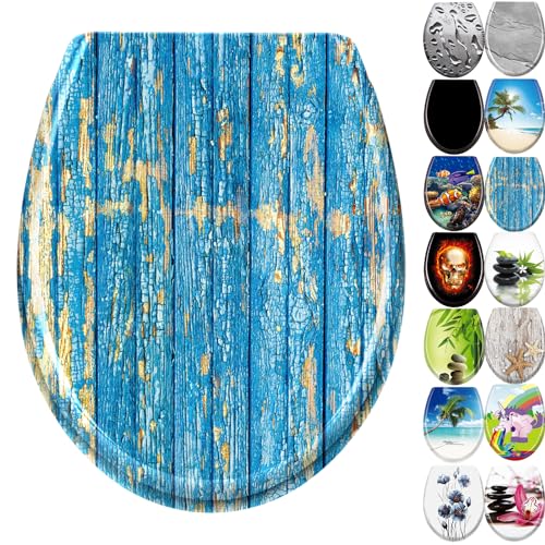 JNGLGO Toilettendeckel WC Sitz mit Absenkautomatik Antibakterielle Toilettensitz mit Klodeckel Oval Klobrille Duroplast für einfach Reinigung, Blaue Planke von JNGLGO