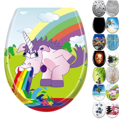 JNGLGO Toilettendeckel WC Sitz mit Absenkautomatik Antibakterielle Toilettensitz mit Klodeckel Oval Klobrille Duroplast für einfach Reinigung, Einhorn von JNGLGO