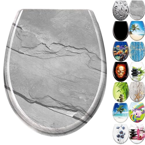 JNGLGO Toilettendeckel WC Sitz mit Absenkautomatik Antibakterielle Toilettensitz mit Klodeckel Oval Klobrille Duroplast für einfach Reinigung, Marmor von JNGLGO