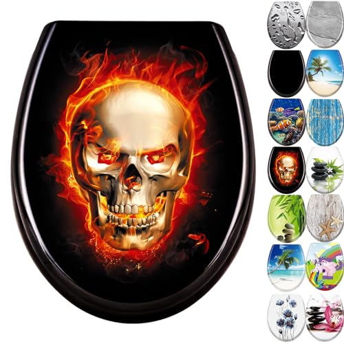 JNGLGO Toilettendeckel WC Sitz mit Absenkautomatik Antibakterielle Toilettensitz mit Klodeckel Oval Klobrille Duroplast für einfach Reinigung, Schädel Flammen von JNGLGO