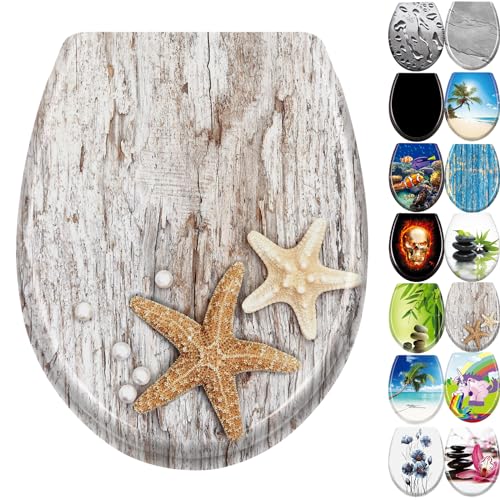 JNGLGO Toilettendeckel WC Sitz mit Absenkautomatik Antibakterielle Toilettensitz mit Klodeckel Oval Klobrille Duroplast für einfach Reinigung, Seestern Grau von JNGLGO
