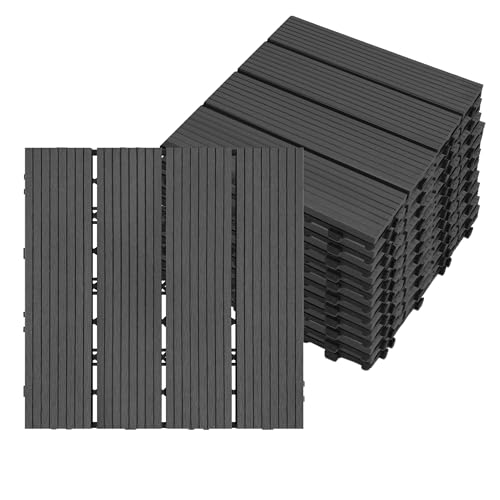 JNGLGO WPC Terrassenfliesen 11 Stück mit Drainage Klickfliesen Balkonfliesen 30x30cm Terassenboden Außen Wetterfester Balkon Bodenbelag Zusammenbaubar für Balkon Garten Pool Terrasse, Anthrazit von JNGLGO