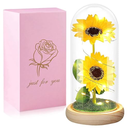 JNJOOD 1 Stück konservierte Blume mit goldener Glasabdeckung mit Sonnenblumenblatt wie abgebildet - Glas, Kunststoff von JNJOOD