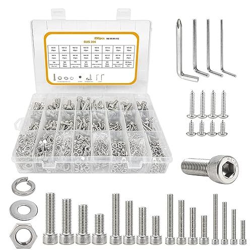 JNJOOD 890-Teiliges M3-M6-Schraubensortiment, Innensechskantschrauben, Sechskantschrauben-Sortiment, Schrauben- und Mutternset, Edelstahlschrauben von JNJOOD
