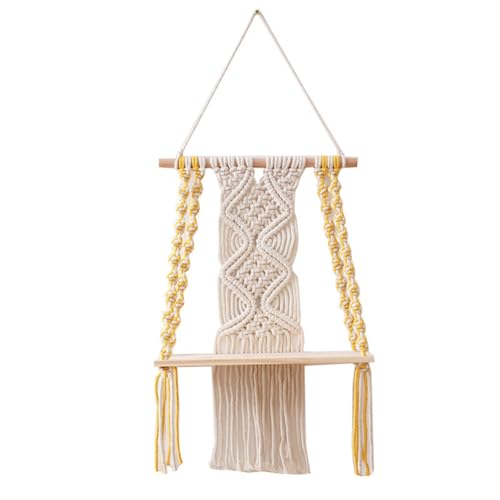 JNJOOD Einstöckiges Makramee-Boho-Wandregal, Handgefertigtes Schwebendes Boho-Regal Aus Gewebten Holzpflanzen, Dekoration, Schicker Mini-Organizer von JNJOOD