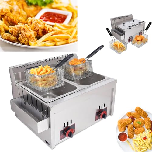 Gasfritteuse, 10 l x 2 Stück,Gewerbliche Edelstahl Fritteuse mit Hoher Kapazität, Professionelle Gas Arbeitsplatten Küchenbratmaschine, Doppel Fritteuse für die Restaurant Heimküche von JNMDLAKO