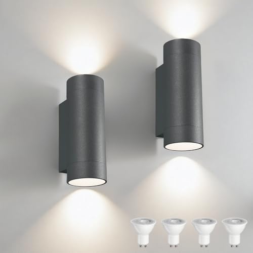 JNR 2 Pack Aussenlampe Wand IP65 Wasserdichte Wandleuchte Aussen, Außenlampe Wand inkl. 2 * 5w GU10 Warmweiß Glühbirne, Außenleuchte Wand Up Down LED Aussenleuchte, Anthrazit Grau von JNR