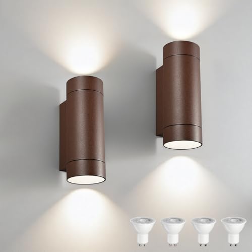 JNR 2 Pack Aussenlampe Wand IP65 Wasserdichte Wandleuchte Aussen, Außenlampe Wand inkl. 2 * 5w GU10 Warmweiß Glühbirne, Außenleuchte Wand Up Down LED Aussenleuchte, Bronze Rotbraun von JNR