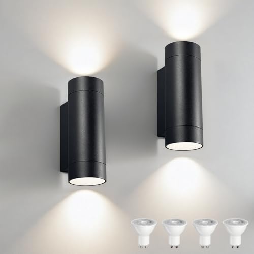 JNR 2 Pack Aussenlampe Wand IP65 Wasserdichte Wandleuchte Aussen, Außenlampe Wand inkl. 2 * 5w GU10 Warmweiß Glühbirne, Außenleuchte Wand Up Down LED Aussenleuchte, Schwarz von JNR