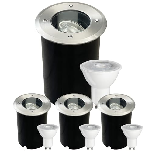 JNR 4er Set Bodenstrahler Außen Schwenkbar GU10 IP67 Wasserdicht mit LED 5W 3000K Warmweiß, Bodeneinbaustrahler Aussen 230V Bodenleuchten Außen, Silber von JNR