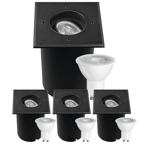 JNR 4er Set Bodenstrahler Außen Schwenkbar GU10 IP67 Wasserdicht mit LED 5W 3000K Warmweiß, Bodeneinbaustrahler Aussen 230V Bodenleuchten Außen, Schwarz von JNR