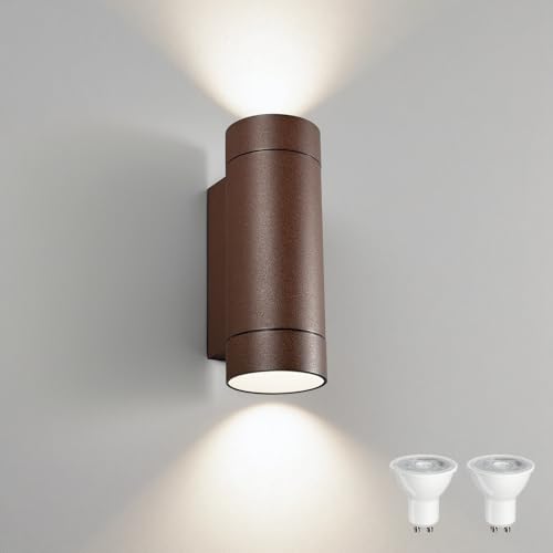 JNR Aussenlampe Wand IP65 Wasserdichte Wandleuchte Aussen, Außenlampe Wand inkl. 2 * 5w GU10 Warmweiß Glühbirne, Außenleuchte Wand Up Down LED Aussenleuchte, Bronze Rotbraun von JNR
