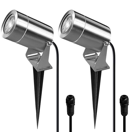 JNR Edelstahl LED 2 Pack Gartenstrahler mit erdspieß IP65 Wasserdicht Gartenleuchte inkl. 5W GU10 3000K Warmweiß Glühbirne 2m Kabel Kein Stecker Gartenbeleuchtung außen für Garten,Wegen,Teich,Silber JNR Edelstahl LED 2 Pack Gartenstrahler mit erdspieß IP65 Wasserdicht Gartenleuchte inkl. 5W GU10 3000K Warmweiß Glühbirne 2m Kabel Kein Stecker Gartenbeleuchtung außen für Garten,Wegen,Teich,Silber von JNR