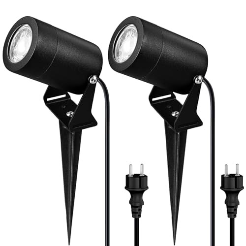 JNR 2 PACK Edelstahl Gartenstrahler LED Außen IP65 Wasserdichte, Gartenleuchten mit Strom 5W GU10 3000K Warmweiß Glühbirne, 2m Kabel mit Stecker Gartenbeleuchtung mit Strom, Schwarz von JNR