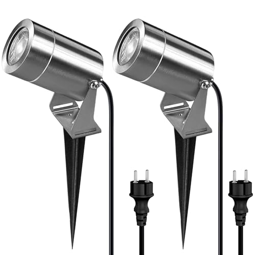 JNR 2 PACK Edelstahl Gartenstrahler LED Außen IP65 Wasserdichte, Gartenleuchten mit Strom 5W GU10 3000K Warmweiß Glühbirne, 2m Kabel mit Stecker Gartenbeleuchtung mit Strom, Silber von JNR