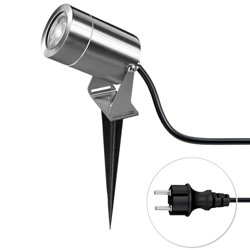 JNR Edelstahl LED Gartenstrahler mit erdspieß IP65 Wasserdicht Gartenleuchte inkl. 5W GU10 3000K Warmweiß Glühbirne 2m Mit Stecker Gartenbeleuchtung außen für Garten,Pflanzen,Wegen,Silber von JNR