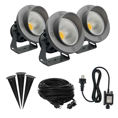 JNR Aluminium LED gartenbeleuchtung mit strom set,IP65 Außen gartenstrahler 3000k Warmweiß Aussen gartenlampe,12V 3.5w 300LM gartenleuchten mit erdspieß für Garten Rasen Weg Teich Yard Baum,Grau von JNR