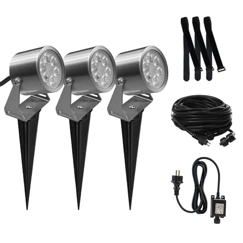 JNR Edelstahl LED gartenbeleuchtung mit strom set,IP65 Außen gartenstrahler 3000k Warmweiß Aussen gartenlampe,12V 3.5w 300LM gartenleuchten mit erdspieß für Garten Rasen Weg Teich Yard Baum,Silber von JNR