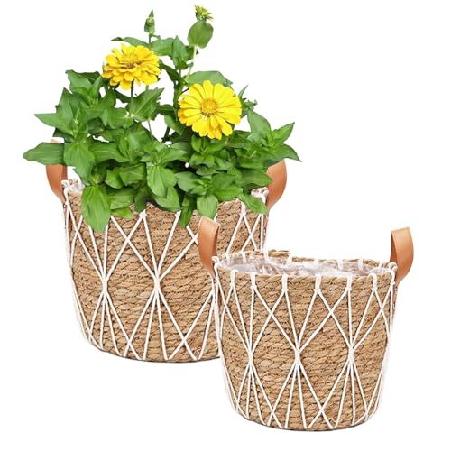 JNRFTY 2 Größen Set Blumentöpfe Geflochten Seegras Pflanzenkörbe,übertopf Korb für Zimmerpflanzen,Übertöpfe mit Griffen 25cm und 29cm Durchmesser von JNRFTY