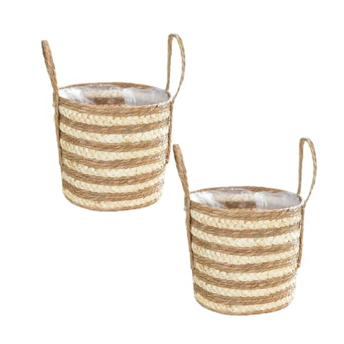 JNRFTY 2 Größen Set Blumentöpfe Geflochten Seegras Pflanzenkörbe,übertopf Korb für Zimmerpflanzen,Übertöpfe mit Griffen 25cm und 29cm Durchmesser von JNRFTY