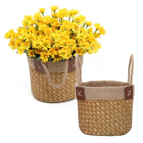 JNRFTY 2er Set Seegras Korb Blumentopf Naturkorb Pflanzenkorb mit Griff,altbarer Seegras-Korb übertopf Korb für Zimmerpflanzen 20cm und 22cm Durchmesser von JNRFTY