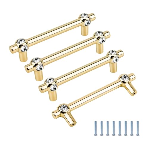 JNRFTY 4 Stück Möbelgriffe Kristall 96mm lochabstand Küchengriffe,Zinklegierung Schrankgriffe Türgriffe Mit Schrauben,Golden von JNRFTY