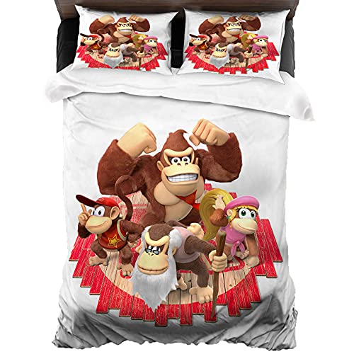 JNSS Donkey Kong Bettwäsche-Sets 3-teilig,Funky Kong Fanartikel,Weiche Flauschige Bettbezüg 2 Kissenbezug,Kinder Spiel Bettwäsche,Weiß，Braun (Kong3, 135x200cm) von JNSS