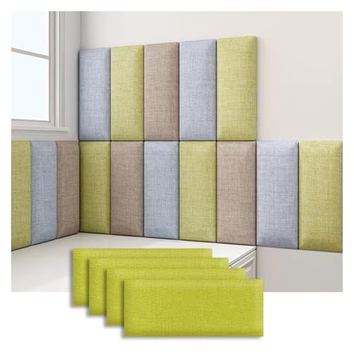 JNTFNE 3D gepolsterte Wandpaneele, 2 / 4 Stück, Stoff Anti-Kollisions-Wandpolsterung, abziehen und aufkleben, Wand-Kopfteil für Kinderzimmer (Gelb-Grün, 4 Stück) von JNTFNE