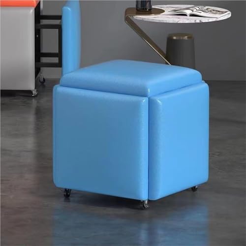 JNTFNE 5-in-1-Lederhocker, stapelbare Hocker mit Rollen, stapelbarer Ottomane, würfelförmiger Schuhwechselhocker, gepolsterter Fußhocker für Wohnzimmer, Schlafzimmer oder Büro (Blau, 45 cm) von JNTFNE