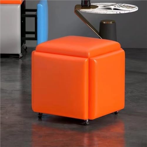 JNTFNE 5-in-1-Lederhocker, stapelbare Hocker mit Rollen, stapelbarer Ottomane, würfelförmiger Schuhwechselhocker, gepolsterter Fußhocker für Wohnzimmer, Schlafzimmer oder Büro (Orange, 34 cm) von JNTFNE