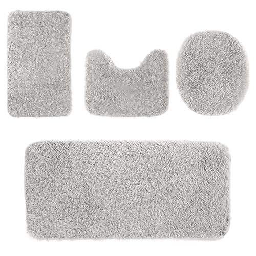 JNTFNE Badezimmerteppich-Set, 4-teilig, mit U-förmigem Inhalt, Toilettenmatte, Deckelbezug, weich, saugfähig, rutschfeste Badezimmermatte für Badezimmer, Badewanne, WC und Waschbecken (grau) von JNTFNE