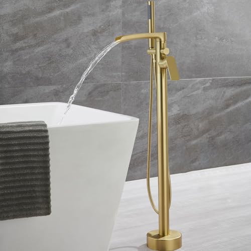 JNTFNE Freistehende Badewannenarmatur in gebürstetem Gold mit Dusch-Wasserfall-Wasserhahn für heißes und kaltes Wasser, Einhebel-Standwaschbeckenmischer von JNTFNE