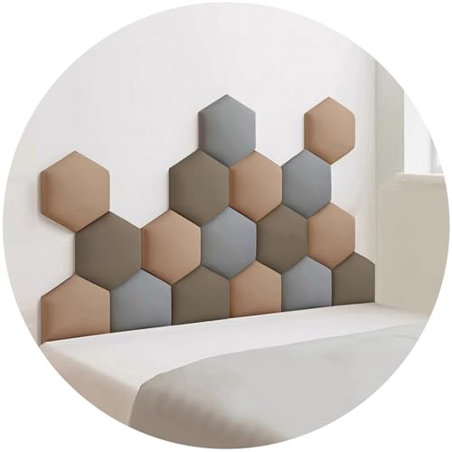JNTFNE Gepolsterte Wandpaneele, 3D-Anti-Kollisions-Schwamm-Wandpolsterung, wandmontiertes Kopfteil, selbstklebende sechseckige Wandaufkleber für Schlafzimmer (Dunkelbraun, 120 x 70 cm) von JNTFNE