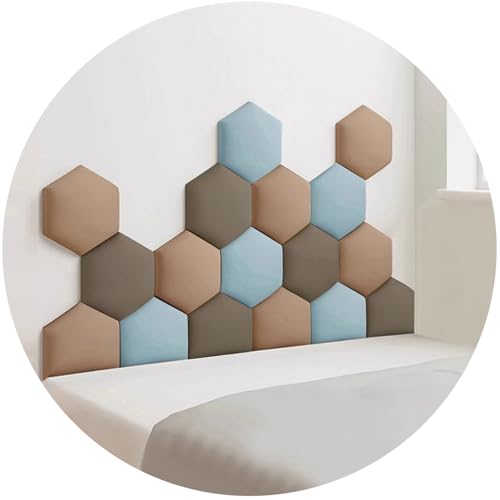 JNTFNE Gepolsterte Wandpaneele, 3D-Anti-Kollisions-Schwamm-Wandpolsterung, wandmontiertes Kopfteil, selbstklebende sechseckige Wandaufkleber für Schlafzimmer (Hellbraun, 120 x 70 cm) von JNTFNE